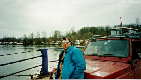 on the boat across the Sava at the border between Croatia and Bosnia.